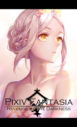 Rule 34 | 1girl, bad id, bad pixiv id, bare shoulders, braid, collarbone, copyright name, forehead, letterboxed, looking to the side, original, parted lips, pixiv fantasia, pixiv fantasia revenge of the darkness, sidelocks, silver hair, solo, sougishi ego, tiara, upper body, yellow eyes