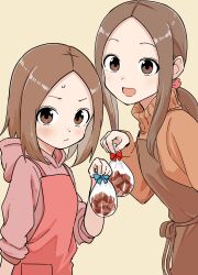 Rule 34 | 2girls, absurdres, age difference, apron, brown eyes, brown hair, chocolate, closed mouth, dot nose, highres, inaba mifumi, karakai jouzu no (moto) takagi-san, karakai jouzu no takagi-san, looking at viewer, mother and daughter, multiple girls, nishikata chii, open mouth, short hair, simple background, takagi-san, valentine