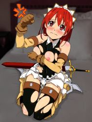 Rule 34 | 00s, 1girl, armor, bed, blush, breasts, cecily cambell, clenched hand, gloves, headdress, large breasts, nipples, red eyes, red hair, seiken no blacksmith, sword, tears, thighhighs, torn clothes, torn legwear, weapon, zettai ryouiki