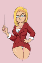 Rule 34 | 10s, 1girl, alternate costume, android 18, bare legs, black-framed eyewear, blonde hair, blue eyes, breasts, cleavage, collarbone, dragon ball, dragon ball super, dragonball z, earrings, female focus, funsexydragonball, glasses, grin, hand on own hip, hand up, highres, holding, jacket, jewelry, large breasts, legs, long sleeves, looking at viewer, naughty face, neck, office lady, panties, pantyshot, parted lips, pencil skirt, purple background, red jacket, red skirt, short hair, simple background, sketch, skirt, smile, solo, standing, underwear, white panties