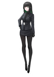Rule 34 | 1girl, absurdres, allmind (armored core 6), armored core, armored core 6, black gloves, black hair, black jacket, black pantyhose, black suit, colored inner hair, erorange, formal, gloves, green eyes, green hair, highres, jacket, lanyard, long hair, looking at viewer, multicolored hair, one eye closed, pantyhose, personification, solo, suit, white background