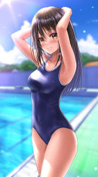 Rule 34 | 1girl, arms up, black hair, blue one-piece swimsuit, blue sky, blurry, blurry background, brown eyes, cloud, competition school swimsuit, cowboy shot, day, depth of field, highres, long hair, new school swimsuit, one-piece swimsuit, original, outdoors, pool, school swimsuit, sky, solo, standing, swimsuit, yukemuriganmo