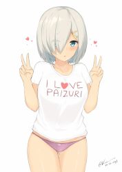 Rule 34 | 10s, 1girl, alternate costume, blue eyes, blush, breasts, clothes writing, collarbone, dated, english text, expressive clothes, eyes visible through hair, fuck-me shirt, hair ornament, hair over one eye, hairclip, hamakaze (kancolle), heart, kantai collection, kuavera, large breasts, meme attire, panties, parted lips, purple panties, shirt, short hair, short sleeves, silver hair, simple background, skindentation, solo, twitter username, underwear, v, white background, white shirt