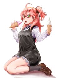 Rule 34 | 1girl, ahoge, alternate costume, brown footwear, food, glasses, green eyes, hair ornament, hairclip, highres, hololive, ice cream, ice cream cone, knees, long sleeves, looking at viewer, open mouth, pink hair, red-framed eyewear, sakura miko, shoes, socks, solo, tmo-cat, tongue, tongue out, virtual youtuber, white background, x hair ornament