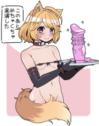 Rule 34 | 1girl, animal ears, bad id, bad pixiv id, blonde hair, blush, bottomless, breasts, collar, dildo, elbow gloves, fox ears, fox tail, gloves, hanauna, heart, heart-shaped pupils, looking at viewer, meme, navel, purple eyes, sex toy, short hair, small breasts, smile, solo, symbol-shaped pupils, tail, they had lots of sex afterwards (meme), translation request, tray