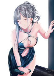 Rule 34 | 1girl, absurdres, ak-12 (girls&#039; frontline), ak-12 (quiet azure) (girls&#039; frontline), bag, bare shoulders, blue dress, breasts, center opening, cleavage, closed eyes, closed mouth, dress, earrings, facing viewer, girls&#039; frontline, halterneck, handbag, highres, holding, jewelry, leaning forward, long hair, medium breasts, navel, official alternate costume, ring, sam desu, sidelocks, silver hair, smile, solo, weapon case, wedding band, wristband