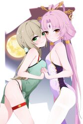 Rule 34 | 2girls, absurdres, bare arms, bare shoulders, black panties, blush, breasts, brown eyes, brown hair, closed mouth, commentary request, dress, from side, fu xuan (honkai: star rail), full moon, green dress, green eyes, hair between eyes, hair ornament, hair rings, hair stick, highres, holding hands, honkai: star rail, honkai (series), interlocked fingers, long hair, moon, multiple girls, panties, pantyhose, parted bangs, pelvic curtain, pink hair, purple dress, qingque (honkai: star rail), sleeveless, sleeveless dress, small breasts, smile, underwear, very long hair, white pantyhose, zerotwenty (020)
