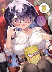 Rule 34 | 1boy, 1girl, :d, @ @, ^^^, bare shoulders, black-framed eyewear, black pantyhose, blue hair, blush, breasts, brown skirt, bucket, chihiro (khorosho), collarbone, commentary request, cup, disposable cup, drinking straw, fingernails, food, glasses, grabbing, grabbing another&#039;s breast, gradient hair, hair over one eye, hetero, large breasts, long hair, movie theater, multicolored hair, off-shoulder shirt, off shoulder, on chair, open mouth, original, pantyhose, popcorn, purple eyes, purple hair, semi-rimless eyewear, shirt, sitting, skirt, smile, solo focus, sweat, translation request, under-rim eyewear, very long hair, white shirt