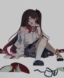 Rule 34 | :d, ^ ^, bell, black choker, broken eyewear, choker, closed eyes, crying, full body, grey background, highres, honkai: star rail, honkai (series), inagoinaire, long hair, long sleeves, mask, nail polish, neck bell, off shoulder, open mouth, red nails, sandals, shirt, side ponytail, sidelocks, smile, sparkle (honkai: star rail), very long hair, white shirt