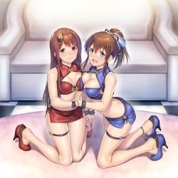 Rule 34 | 2girls, asymmetrical docking, blue eyes, blush, bracelet, breast press, breasts, brown eyes, brown hair, china dress, chinese clothes, cleavage, cleavage cutout, clothing cutout, couch, dress, full body, hairband, holding hands, high heels, idolmaster, idolmaster million live!, interlocked fingers, jewelry, kneeling, large breasts, long hair, looking at viewer, medium breasts, midriff, miniskirt, multiple girls, nanaran, open mouth, ponytail, satake minako, skirt, smile, tanaka kotoha, thigh strap