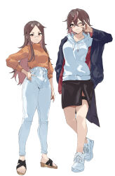 2girls brown_hair cardigan frown glasses hand_on_own_hip highres hood hoodie kamu_(kamuuei) long_hair multiple_girls no_socks open_cardigan open_clothes orange_sweater pince-nez ribbed_sweater sandals shoes short_hair smile sneakers sweater sweater_tucked_in turtleneck turtleneck_sweater white_hoodie