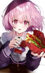 Rule 34 | 10s, 1girl, :p, absurdres, bad id, bad pixiv id, bendy straw, blush, collared shirt, commentary request, dress shirt, drinking straw, english text, food, gridman universe, hair between eyes, heart, heart in eye, highres, holding, holding food, hot dog, jacket, leaning forward, long sleeves, looking at viewer, off shoulder, pink hair, pomu (pomu me), purple jacket, red eyes, shinjou akane, shirt, simple background, sleeves past wrists, solo, ssss.gridman, symbol in eye, tongue, tongue out, unmoving pattern, white background, white shirt
