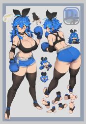 Rule 34 | 1girl, ahoge, alternate art style, alternate form, alternate hairstyle, anklet, ass, bare shoulders, bent over, black choker, black headdress, black sports bra, black thighhighs, blue hair, blue nails, border, boxing, boxing gloves, boxing shorts, breasts, bridal gauntlets, character name, chibi, choker, crop top, dif (difman), difman, dyed ahoge, embarrassed, english text, excited, feet, fingerless gloves, fishnet armwear, foot focus, gloves, grey background, grey border, hair over eyes, highres, huge breasts, jewelry, large breasts, light blush, long bangs, looking at viewer, looking back, looking to the side, messy hair, midriff, mole, mole on foot, mole on foot, mole under eye, multiple views, nail polish, navel, original, pale skin, plump, punching, shiny skin, shorts, shoulder blades, signature, skindentation, soles, solo, spine, sports bra, stirrup legwear, thick thighs, thighhighs, thighs, toeless legwear, toenail polish, toenails, wide-eyed, yellow eyes