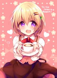 Rule 34 | 1girl, :d, blush, brown hair, brown skirt, coffee, commentary request, copyright name, cup, gochuumon wa usagi desu ka?, hair between eyes, hair ornament, hairclip, haru ichigo, heart, highres, holding, holding saucer, hoto cocoa, latte art, looking at viewer, open mouth, pink background, pink vest, purple eyes, rabbit house uniform, round teeth, saucer, shirt, skirt, smile, solo, teacup, teeth, uniform, upper teeth only, vest, waitress, white shirt