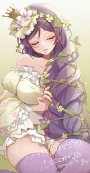 Rule 34 | 1girl, bare shoulders, blush, braid, breasts, character name, closed eyes, crown, dated, dress, floral print, flower, frilled dress, frills, gradient background, green background, green dress, hair flower, hair ornament, hair vines, happy birthday, highres, large breasts, long hair, love live!, love live! school idol project, open mouth, plant, pukonuu, purple hair, purple thighhighs, sitting, smile, thick thighs, thighhighs, thighs, tojo nozomi, very long hair, vines