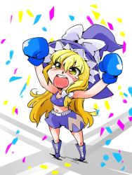 Rule 34 | 1girl, alternate costume, arms up, blonde hair, bow, boxing gloves, braid, confetti, hair bow, hat, kirisame marisa, long hair, open mouth, ribbon, shinapuu, shorts, simple background, smile, solo, sports bra, tears, touhou, witch hat, yellow eyes
