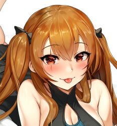 Rule 34 | 1girl, :p, armpit crease, bad id, bare shoulders, black bow, black dress, blush, bow, breasts, brown eyes, brown hair, cleavage, cleavage cutout, clothing cutout, dress, eyelashes, girls&#039; frontline, hair between eyes, hair bow, highres, jai (whany1998), large breasts, looking at viewer, lying, medium breasts, official alternate costume, on stomach, scar, scar across eye, scar on face, simple background, sleeveless, sleeveless dress, smile, solo, tongue, tongue out, twintails, ump9 (girls&#039; frontline), ump9 (the world&#039;s melody) (girls&#039; frontline), white background
