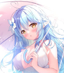 Rule 34 | 1girl, :o, backlighting, bare arms, bare shoulders, bloom, blue hair, blush, braid, breasts, brown eyes, cleavage, collarbone, commentary request, day, dress, eyelashes, floating hair, flower, french braid, hair between eyes, hair flower, hair ornament, hand up, holding, holding umbrella, hololive, large breasts, long hair, looking at viewer, mikeou, open mouth, outdoors, pink umbrella, pointy ears, sidelocks, sleeveless, sleeveless dress, solo, sundress, sunlight, umbrella, under umbrella, upper body, virtual youtuber, white dress, white flower, yukihana lamy