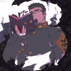Rule 34 | 1boy, bandages, black hair, book, corruption, creature, dark persona, gakuran, glasses, holding, holding book, looking at viewer, male focus, open book, pmlial, school uniform, motoori shiro, short hair, sideburns, solo, spiked hair, tokyo houkago summoners, upper body