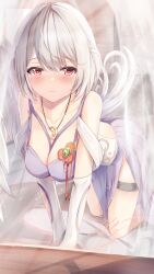 Rule 34 | 1girl, absurdres, all fours, angel wings, blush, braid, breasts, cleavage, dress, elbow gloves, french braid, gloves, grey hair, highres, kishin sagume, large breasts, light smile, looking at viewer, niko kusa, off shoulder, pink eyes, short hair, single wing, solo, thigh strap, touhou, wings