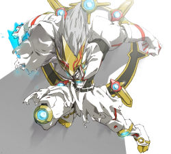 Rule 34 | 1boy, appmon, armor, artist request, creature, digimon, digimon universe: appli monsters, full armor, full body, gaiamon (appmon), long hair, looking at viewer, monster, no humans, simple background, solo, very long hair