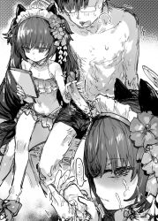 Rule 34 | ..., 013 (hamsasuke), 1boy, 1girl, bikini, blue archive, closed mouth, crossed legs, cum, cum on hair, erection, facial, flower, frilled bikini, frills, glasses, greyscale, hair flower, hair ornament, handjob, hetero, highres, holding, long hair, looking at viewer, monochrome, multitasking, open mouth, penis, scowl, shaded face, shizuko (blue archive), shizuko (swimsuit) (blue archive), sitting, speech bubble, spoken ellipsis, swimsuit, trembling, twintails, uncensored