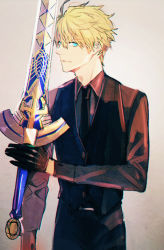 Rule 34 | 1boy, alternate costume, arthur pendragon (fate), black gloves, black pants, blonde hair, brown shirt, collared shirt, excalibur (fate/prototype), excalibur (fate/stay night), fate/grand order, fate/prototype, fate (series), gloves, green eyes, hair between eyes, holding, holding sword, holding weapon, long sleeves, looking at viewer, male focus, md5 mismatch, necktie, neckwear request, pants, resolution mismatch, shirt, short hair, simple background, solo, source larger, sword, tsukimura noe, weapon, white background