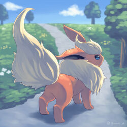 animal_focus blue_eyes creatures_(company) flareon flower game_freak gen_1_pokemon grass highres ibusaki_(ivu) looking_up nintendo no_humans pokemon pokemon_(creature) standing tail tree twitter_username