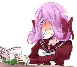 Rule 34 | 1girl, amai nekuta, assault lily, blue eyes, blush, book, bow, bowtie, character request, collarbone, commentary request, covering face, embarrassed, frilled sleeves, frills, hair bow, holding, holding book, juliet sleeves, long hair, long sleeves, nose blush, one eye covered, open book, open mouth, prehensile hair, puffy sleeves, purple hair, red bow, red serafuku, school uniform, serafuku, simple background, solo, twintails, white background, white bow, white bowtie