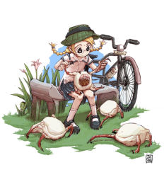 Rule 34 | 1girl, bench, bicycle, blonde hair, braid, dress, female focus, glasses, half-life, half-life (series), headcrab, j-e-m-g, nature, outdoors, parody, short twintails, skirt, solo, twintails, when you see it