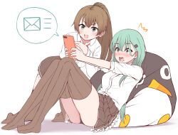 Rule 34 | 2girls, absurdres, blue eyes, blush, brown hair, brown skirt, brown thighhighs, buttons, cellphone, collared shirt, failure penguin, frilled skirt, frills, green eyes, green hair, hair between eyes, hair ornament, hairclip, highres, holding, holding phone, kantai collection, kumano (kancolle), long hair, multiple girls, open mouth, panties, phone, ponytail, shirt, sidelocks, simple background, skirt, smartphone, suzuya (kancolle), thighhighs, tiemu (man190), underwear, white background, white panties, white shirt