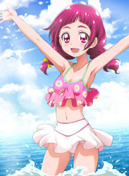 Rule 34 | 1girl, :d, armpits, bikini, bikini bottom only, blush, braid, breasts, cleavage, cloud, collarbone, covered erect nipples, cowboy shot, day, floral print, hanzou, highres, hugtto! precure, lens flare, long hair, looking at viewer, low twintails, midriff, miniskirt, navel, nono hana, ocean, open mouth, outdoors, outstretched arms, precure, red eyes, red hair, skirt, sleeveless, small breasts, smile, solo, standing, stomach, swimsuit, twin braids, twintails, white bikini, white skirt