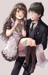 Rule 34 | 1boy, 1girl, alternate costume, apron, black footwear, black hair, black jacket, black neckwear, black pants, black shirt, black skirt, black socks, blush, brown eyes, brown hair, carrying, embarrassed, enmaided, eye contact, formal, frilled apron, frills, fuente, grey background, highres, holding, idolmaster, idolmaster cinderella girls, jacket, kneehighs, loafers, long hair, looking at another, maid, maid headdress, miniskirt, necktie, open clothes, open jacket, open mouth, pants, pleated skirt, princess carry, producer (idolmaster), producer (idolmaster cinderella girls anime), ribbon-trimmed sleeves, ribbon trim, shimamura uzuki, shirt, shoes, short sleeves, signature, simple background, skirt, socks, sweatdrop, very long hair, white apron