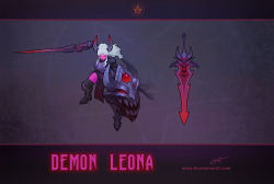 Rule 34 | 1girl, alternate costume, armor, armored boots, black thighhighs, boots, breastplate, character name, colored skin, crown, demon girl, full body, gauntlets, grey background, holding, holding shield, holding sword, holding weapon, horns, league of legends, leona (league of legends), long hair, long sleeves, pentagram, pink skin, ponytail, red eyes, shield, signature, solo, sword, thighhighs, thorsten erdt, watermark, weapon, web address, white hair