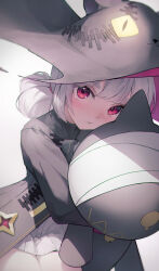 Rule 34 | 1girl, absurdres, bandages, blush, crystalherb, glowing, glowing eyes, grey hair, hat, highres, hugging object, looking at viewer, medium hair, original, pink eyes, slit pupils, solo, standing, stuffed animal, stuffed toy, tearing up, thick eyebrows, white background, witch hat