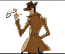 Rule 34 | 1boy, bad id, bad pixiv id, coat, cuffs, from behind, hand on own hip, handcuffs, hat, letterboxed, looking back, lupin iii, male focus, naya gorou, rariatto (ganguri), sideburns, smirk, solo, spinning, tms entertainment, trench coat, white background, zenigata kouichi