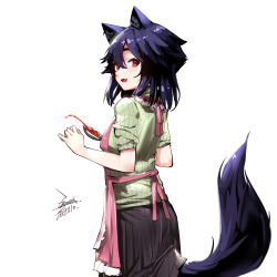 Rule 34 | 1girl, :d, animal ears, apron, black hair, breasts, dated, ejami, ekko (ejami), fang, fox ears, fox girl, fox tail, holding, holding ladle, ladle, open mouth, original, red eyes, short hair, short sleeves, signature, skin fang, skirt, smile, solo, sweater, tail