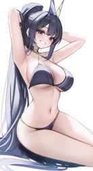 Rule 34 | 1girl, absurdres, armpits, arms behind back, arms up, azur lane, bare arms, bare shoulders, bikini, black bikini, black eyes, black hair, blue eyes, blush, breasts, cleavage, commentary request, criss-cross halter, eyewear on head, g home, grin, halterneck, hand in own hair, head tilt, highres, large breasts, long hair, looking at viewer, navel, new jersey (azur lane), new jersey (midsummer leisure) (azur lane), on floor, ponytail, purple hair, sidelocks, sitting, smile, solo, stomach, string bikini, sunglasses, swimsuit, teeth, thighs, very long hair, white background