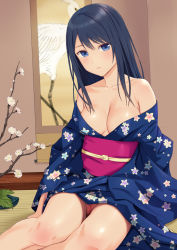 Rule 34 | 1girl, banned artist, bare shoulders, black hair, blue eyes, blue kimono, branch, breasts, cleavage, commentary request, feet out of frame, floral print, flower, hair between eyes, japanese clothes, kimono, long hair, looking at viewer, medium breasts, n.g., no panties, obi, off shoulder, original, parted lips, print kimono, pussy, sash, sitting, solo, white flower