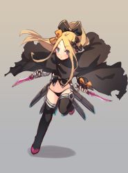 Rule 34 | 1girl, abigail williams (fate), bandaged arm, bandages, black bow, black cloak, black footwear, black gloves, black panties, black shirt, black thighhighs, blonde hair, blue eyes, blush, boots, bow, brown background, cloak, closed mouth, cosplay, dagger, dual wielding, fate/apocrypha, fate/grand order, fate (series), fingerless gloves, full body, gloves, gradient background, grey background, hair between eyes, high ponytail, holding, holding dagger, holding knife, holding weapon, jack the ripper (fate/apocrypha), jack the ripper (fate/apocrypha) (cosplay), knife, long hair, looking at viewer, miya (miyaruta), navel, orange bow, panties, parted bangs, ponytail, shadow, sheath, shirt, sidelocks, single glove, sleeveless, sleeveless shirt, solo, standing, standing on one leg, thigh boots, thighhighs, torn cloak, torn clothes, underwear, unsheathed, v-shaped eyebrows, very long hair, weapon