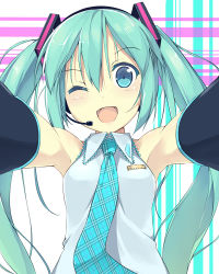 Rule 34 | 1girl, bad id, bad pixiv id, detached sleeves, foreshortening, green eyes, green hair, hatsune miku, headset, long hair, matching hair/eyes, necktie, one eye closed, open mouth, outstretched arms, solo, sutorora, twintails, vocaloid, wink