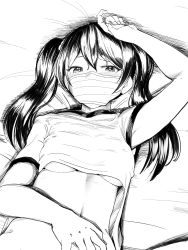 Rule 34 | 1girl, absurdres, arm up, armpit peek, bed sheet, blush, breasts, clothes lift, goback, greyscale, gym shirt, hair between eyes, hair bobbles, hair ornament, highres, long hair, lying, mask, monochrome, mouth mask, navel, on back, original, shirt, shirt lift, short sleeves, small breasts, solo, surgical mask, twintails, underboob, upper body