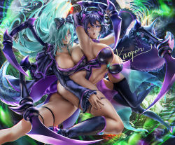 Rule 34 | 2girls, arm up, armpits, ass, black hair, black legwear, black nails, bow, breasts, commission, dragon girl, dragon horns, dragon tail, frilled sleeves, frills, from side, green hair, hair bow, hair over one eye, horns, hug, hug from behind, huge breasts, kaopon, large breasts, long hair, long sleeves, looking at viewer, looking to the side, mechanical arms, multiple girls, nail polish, original, parted lips, pink eyes, revealing clothes, short hair, skeb commission, skindentation, smile, tail, thigh strap, thighhighs, very long hair
