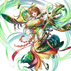 Rule 34 | 1girl, :d, blue eyes, breasts, brown hair, cloud, company name, cyclops (kamihime), eyes visible through hair, floral print, huge breasts, impossible clothes, instrument, kamihime project, kamihime project r, long hair, looking back, lute (instrument), obi, official art, open mouth, sash, side ponytail, simple background, smile, socks, sparkle, swept bangs, tabi, white background, wind