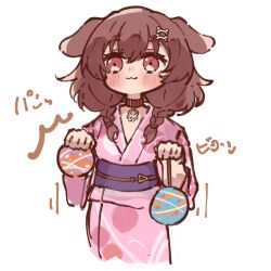 Rule 34 | 1girl, :3, animal ears, blush, bone hair ornament, braid, brown eyes, brown hair, closed mouth, commentary request, dog ears, double-parted bangs, floral print, floral print kimono, hair between eyes, hair ornament, hairclip, highres, hololive, inugami korone, japanese clothes, kimono, long hair, low twin braids, low twintails, obi, official alternate costume, pink kimono, print kimono, sash, smile, solo, twin braids, twintails, virtual youtuber, water yoyo, whcamellia00