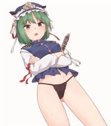 Rule 34 | 1girl, black panties, blouse, blue eyes, blue hat, blue vest, blush, commentary, frilled hat, frills, green hair, hair between eyes, hat, highres, long sleeves, miyo (ranthath), navel, no pants, open mouth, panties, rod of remorse, shiki eiki, shirt, short hair, simple background, solo, touhou, underwear, vest, white background, white shirt