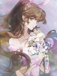 Rule 34 | 1girl, animal ears, artist request, bare shoulders, bouquet, braid, breasts, brown eyes, brown hair, douluo dalu, dress, flower, from side, hair ornament, highres, holding, holding bouquet, light particles, long hair, medium breasts, parted lips, pink dress, ponytail, rabbit ears, second-party source, solo, teeth, upper body, xiao wu (douluo dalu)