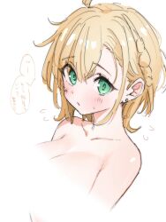 1girl blonde_hair blush braid breasts censored collarbone earrings green_eyes jewelry large_breasts light_censor looking_at_viewer nude original parted_lips profile short_hair sidelocks simple_background single_braid solo speech_bubble sweatdrop translation_request ukitaryu white_background