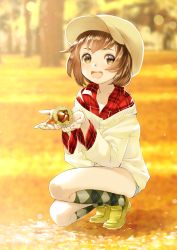 Rule 34 | 1girl, :d, argyle, argyle clothes, argyle legwear, autumn, autumn leaves, brown eyes, brown hair, cabbie hat, chestnut, cupping hands, hat, highres, kneehighs, loafers, matching hair/eyes, open mouth, original, own hands together, plaid, plaid shirt, rin2008, seed, shirt, shoes, short hair, smile, socks, solo, squatting, sweater