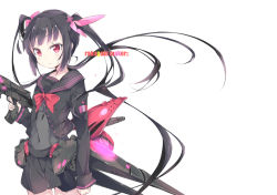 Rule 34 | 1girl, black hair, black shirt, black skirt, blouse, bow, bowtie, closed mouth, covered navel, energy gun, english text, gun, hair ribbon, holding, holding gun, holding weapon, light frown, long hair, looking at viewer, miniskirt, original, pink ribbon, pulp piroshi, red bow, red bowtie, red eyes, ribbon, sailor collar, shirt, simple background, skirt, solo, standing, twintails, very long hair, weapon, white background
